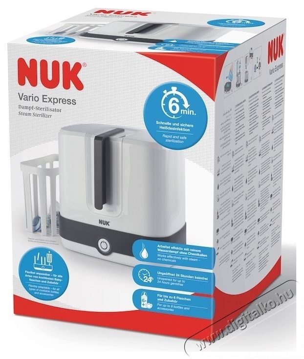 Nuk Vario Express gőzsteriliz&aacute;l&oacute;, amely ak&aacute;r 6 cumis&uuml;veg &eacute;s kieg&eacute;sz&iacute;tő steriliz&aacute;l&aacute;s&aacute;ra alkalmas, 6 perc alatt gyorsan &eacute;s megb&iacute;zhat&oacute;an steriliz&aacute;l Sz&eacute;ps&eacute;g&aacute;pol&aacute;s / Eg&eacute;szs&eacute;g - Baba mama term&eacute;k - Steriliz&aacute;l&oacute; - 534599
