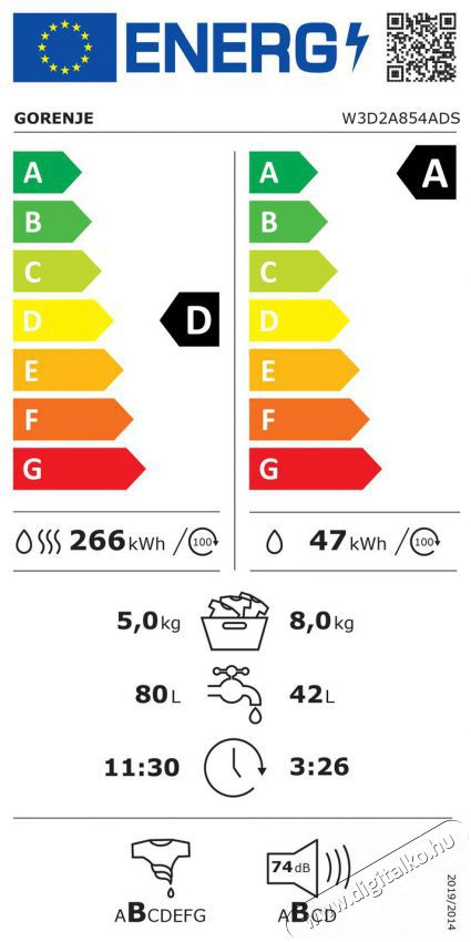Gorenje W3D2A854ADS H&aacute;ztart&aacute;s / Otthon / K&uuml;lt&eacute;r - Mos&oacute;g&eacute;p / sz&aacute;r&iacute;t&oacute;g&eacute;p - El&ouml;lt&ouml;ltős norm&aacute;l (60cm-ig) mos&oacute;g&eacute;p - 515431
