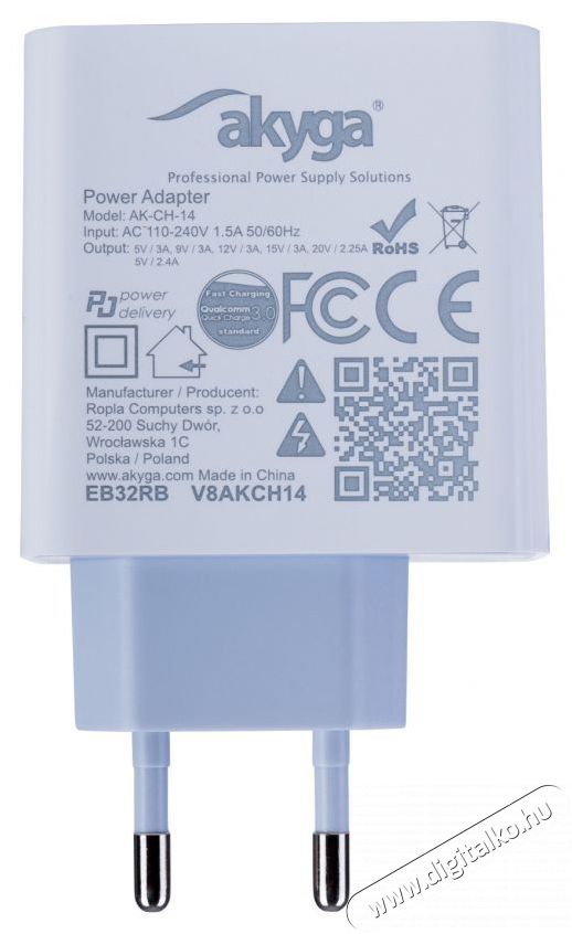 Akyga AK-CH-14 QC3.0 5-20V/3A/45W USB t&ouml;ltő Akkuk &eacute;s t&ouml;ltők - Li-ion akkumul&aacute;tor &eacute;s t&ouml;ltő (ut&aacute;ngy&aacute;rtott) - T&ouml;ltő - 385410