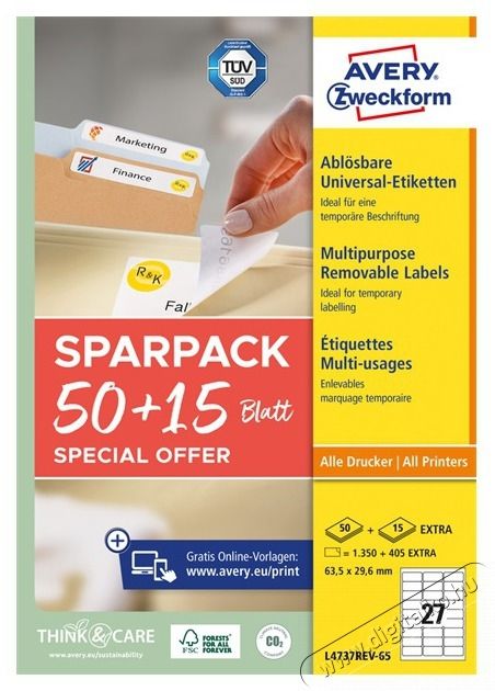 Avery L4737REV-65 63,5x29,6 mm visszaszedhető univerz&aacute;lis 50+15 lap 1755 db-os etikett H&aacute;ztart&aacute;s / Otthon / K&uuml;lt&eacute;r - Szersz&aacute;m - Egy&eacute;b szersz&aacute;m - 508586