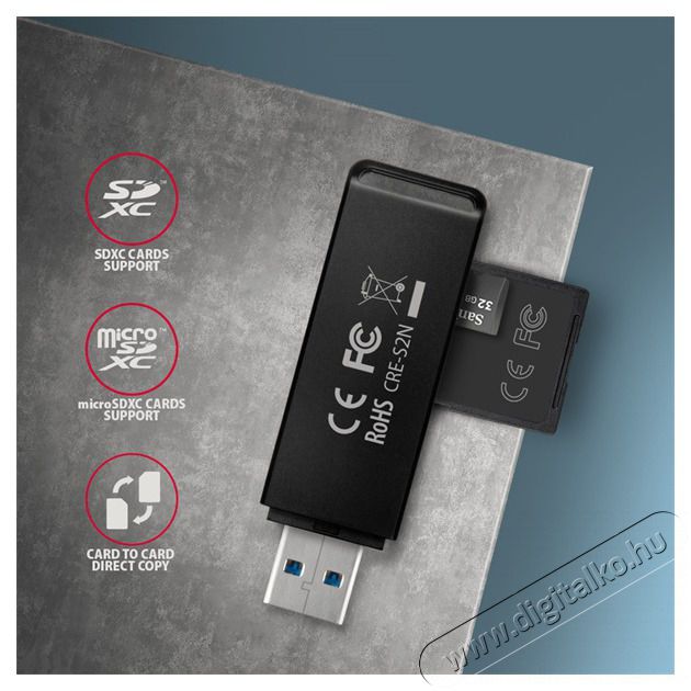 Axagon CRE-S2N Superspeed USB 3.2 Gen 1 Type-A, slim SD/microSD k&aacute;rtyaolvas&oacute; Mem&oacute;ria k&aacute;rtya / Pendrive - K&aacute;rtya olvas&oacute; - 392425