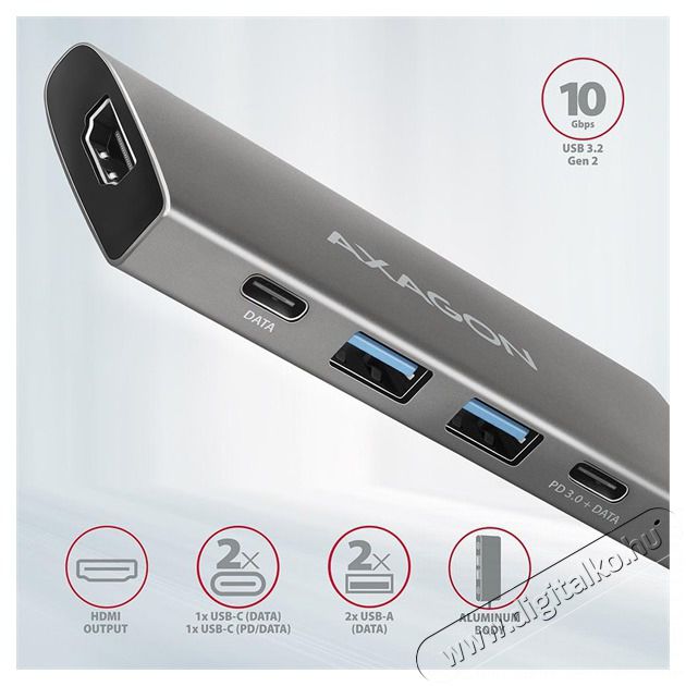 Axagon HMC-5G2 5 portos USB3.2. Gen 2 ez&uuml;stfekete HUB Iroda &eacute;s sz&aacute;m&iacute;t&aacute;stechnika - Notebook kieg&eacute;sz&iacute;tő - USB hub / eloszt&oacute; - 392364