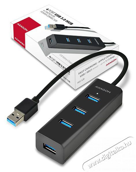 Axagon HUE-S2B 4 portos USB3.0 gyorst&ouml;ltő Hub Iroda &eacute;s sz&aacute;m&iacute;t&aacute;stechnika - Notebook kieg&eacute;sz&iacute;tő - USB hub / eloszt&oacute; - 391671