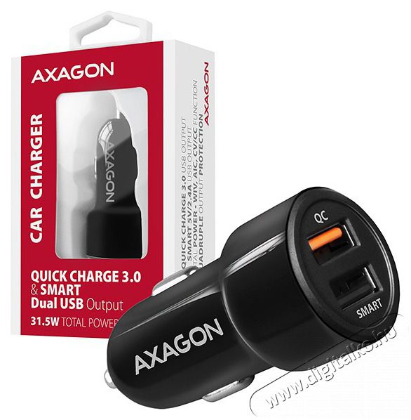 Axagon PWC-QC5 QC3.0 + 2.4A aut&oacute;s t&ouml;ltő - fekete  Aut&oacute;hifi / Aut&oacute; felszerel&eacute;s - Aut&oacute;s t&ouml;ltő / szivargy&uacute;jt&oacute; adapter - 391518