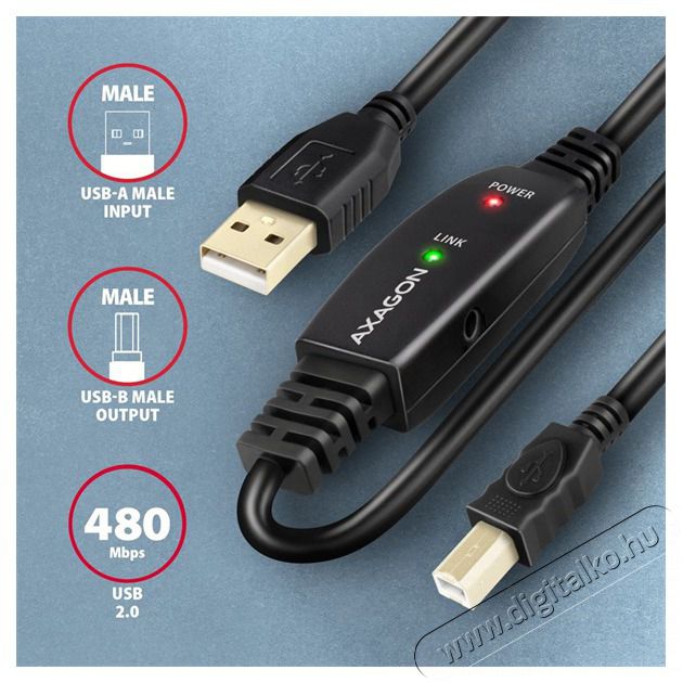Axagon ADR-220B 20m USB 2.0 A apa - USB B apa akt&iacute;v repeater k&aacute;bel Iroda &eacute;s sz&aacute;m&iacute;t&aacute;stechnika - Sz&aacute;m&iacute;t&oacute;g&eacute;p tartoz&eacute;k - USB k&aacute;bel - 476874
