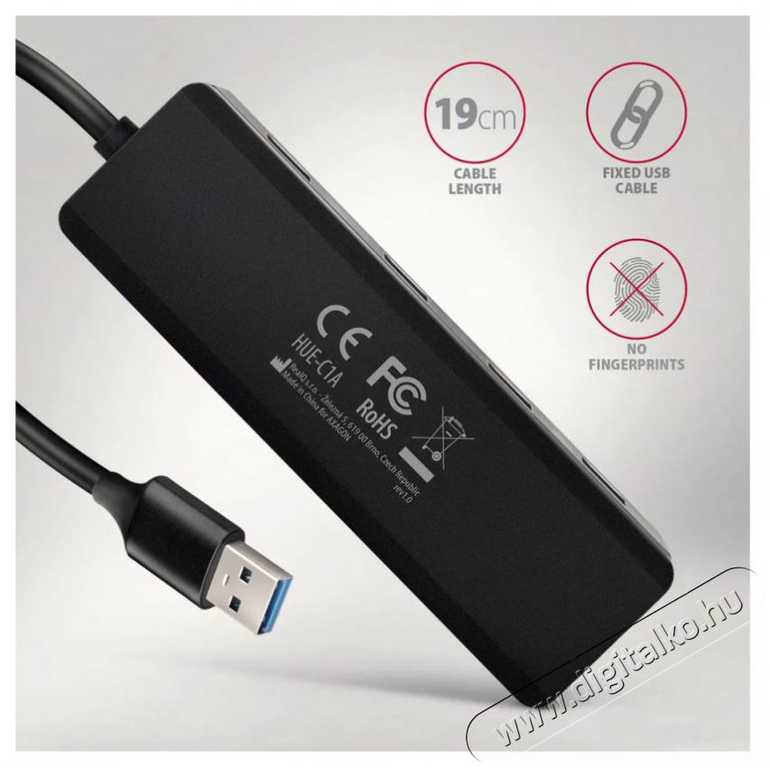 Axagon HUE-C1A TRAVEL Hub, USB-A 5Gbps, 4x USB-A, USB-C power IN, cable 19cm Iroda &eacute;s sz&aacute;m&iacute;t&aacute;stechnika - Notebook kieg&eacute;sz&iacute;tő - USB hub / eloszt&oacute; - 503333