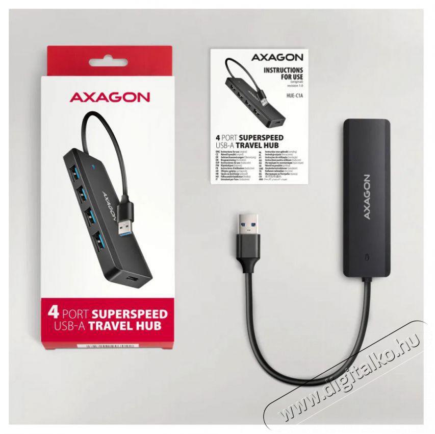Axagon HUE-C1A TRAVEL Hub, USB-A 5Gbps, 4x USB-A, USB-C power IN, cable 19cm Iroda &eacute;s sz&aacute;m&iacute;t&aacute;stechnika - Notebook kieg&eacute;sz&iacute;tő - USB hub / eloszt&oacute; - 503333