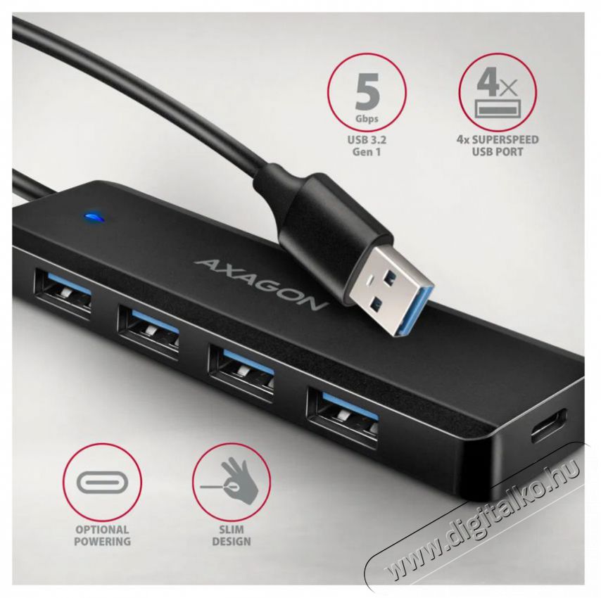 Axagon HUE-C1A TRAVEL Hub, USB-A 5Gbps, 4x USB-A, USB-C power IN, cable 19cm Iroda &eacute;s sz&aacute;m&iacute;t&aacute;stechnika - Notebook kieg&eacute;sz&iacute;tő - USB hub / eloszt&oacute; - 503333