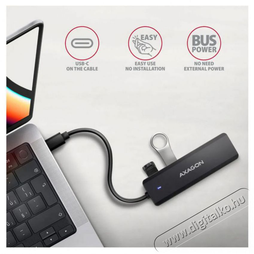 Axagon HUE-C1C TRAVEL Hub, USB-C 5Gbps, 4x USB-A, USB-C power IN, cable 19cm Iroda &eacute;s sz&aacute;m&iacute;t&aacute;stechnika - Notebook kieg&eacute;sz&iacute;tő - USB hub / eloszt&oacute; - 503332