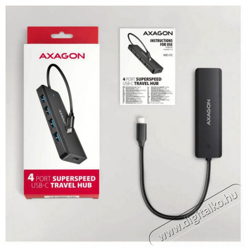 Axagon HUE-C1C TRAVEL Hub, USB-C 5Gbps, 4x USB-A, USB-C power IN, cable 19cm Iroda &eacute;s sz&aacute;m&iacute;t&aacute;stechnika - Notebook kieg&eacute;sz&iacute;tő - USB hub / eloszt&oacute; - 503332