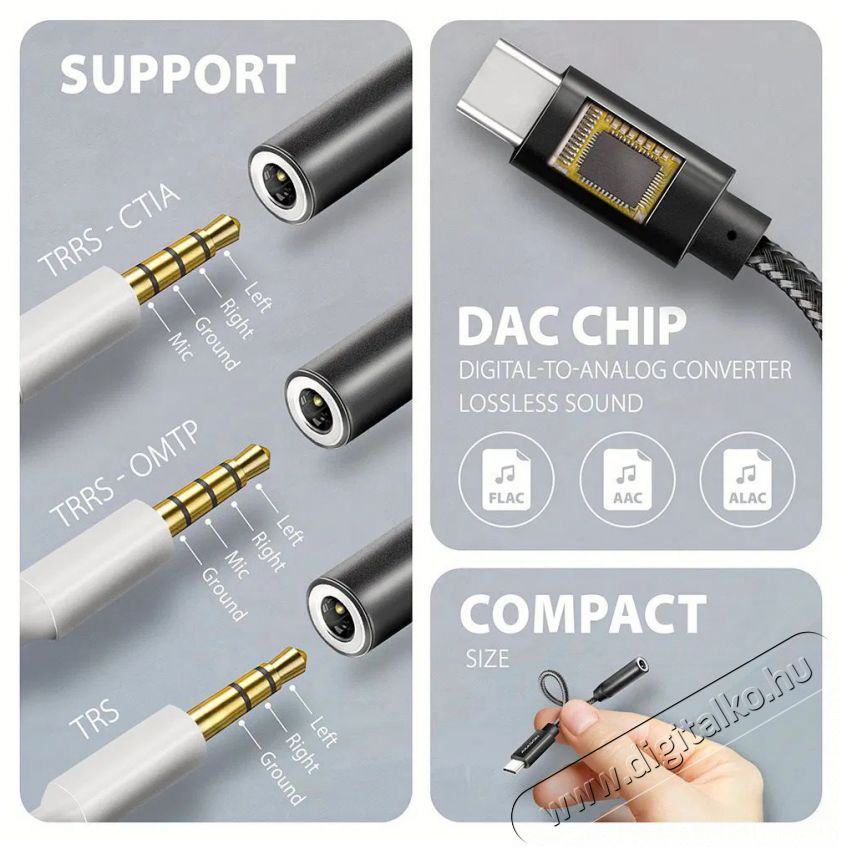 Axagon ADA-HC, Hi-Res DAC audio adapter, 384kHz / 32bit stereo, USB-C to 3,5mm jack Iroda &eacute;s sz&aacute;m&iacute;t&aacute;stechnika - Sz&aacute;m&iacute;t&oacute;g&eacute;p tartoz&eacute;k - Hangk&aacute;rtya - 503330