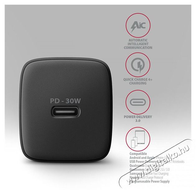 Axagon ACU-PD30 30W PD 3.0 QC Type-C fekete h&aacute;l&oacute;zati t&ouml;ltő Mobil / Kommunik&aacute;ci&oacute; / Smart - Mobiltelefon kieg&eacute;sz&iacute;tő / tok - H&aacute;l&oacute;zati-, aut&oacute;s t&ouml;ltő - 507953