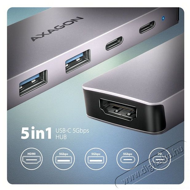 Axagon HMC-5H60 5Gbps 5in1 sz&uuml;rke Type-C hub Iroda &eacute;s sz&aacute;m&iacute;t&aacute;stechnika - Notebook kieg&eacute;sz&iacute;tő - USB hub / eloszt&oacute; - 507957
