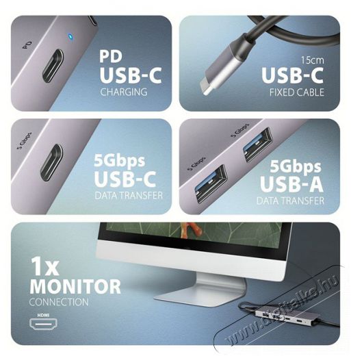 Axagon HMC-5H60 5Gbps 5in1 sz&uuml;rke Type-C hub Iroda &eacute;s sz&aacute;m&iacute;t&aacute;stechnika - Notebook kieg&eacute;sz&iacute;tő - USB hub / eloszt&oacute; - 507957