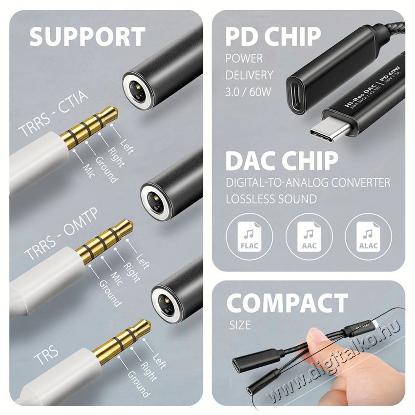 Axagon ADA-HCPD, Hi-Res DAC audio adapter, 384kHz/32bit stereo, USB-C to 3.5mm jack PD 60W/3A Mobil / Kommunik&aacute;ci&oacute; / Smart - Mobiltelefon kieg&eacute;sz&iacute;tő / tok - K&aacute;bel / &aacute;talak&iacute;t&oacute; - 503334