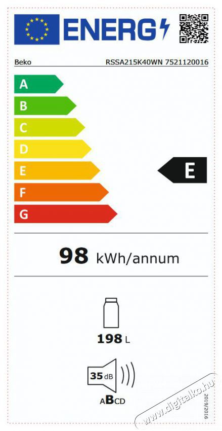 Beko RSSA215K40WN Konyhai term&eacute;kek - Hűtő, fagyaszt&oacute; (szabadon&aacute;ll&oacute;) - Fagyaszt&oacute; n&eacute;lk&uuml;li hűtő - 515198