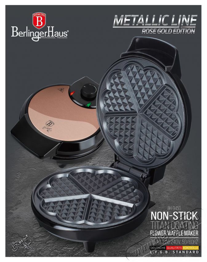 Berlinger Haus BH/9450 Gofris&uuml;tő, 700W, Tapad&aacute;smentes fel&uuml;let, R&oacute;zsaarany Konyhai term&eacute;kek - Konyhai kisg&eacute;p (s&uuml;t&eacute;s / főz&eacute;s / hűt&eacute;s / &eacute;telk&eacute;sz&iacute;t&eacute;s) - Melegszendvics / gofri s&uuml;tő - 493860