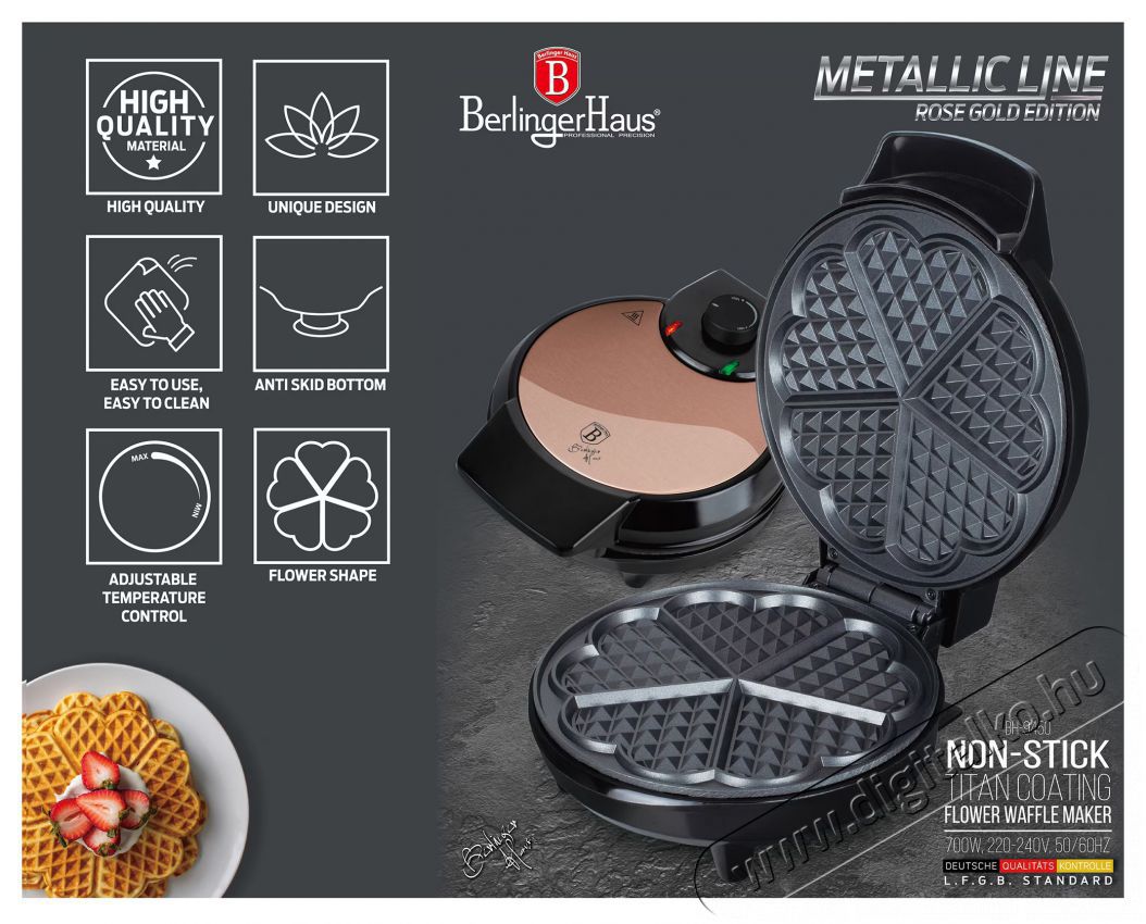 Berlinger Haus BH/9450 Gofris&uuml;tő, 700W, Tapad&aacute;smentes fel&uuml;let, R&oacute;zsaarany Konyhai term&eacute;kek - Konyhai kisg&eacute;p (s&uuml;t&eacute;s / főz&eacute;s / hűt&eacute;s / &eacute;telk&eacute;sz&iacute;t&eacute;s) - Melegszendvics / gofri s&uuml;tő - 493860