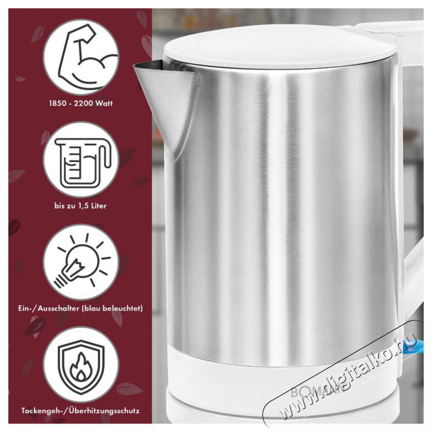 Bomann v&iacute;zforral&oacute; WKS 3002 CB rozsdamentes ac&eacute;l/feh&eacute;r Konyhai term&eacute;kek - V&iacute;zforral&oacute; / teafőző - 493187