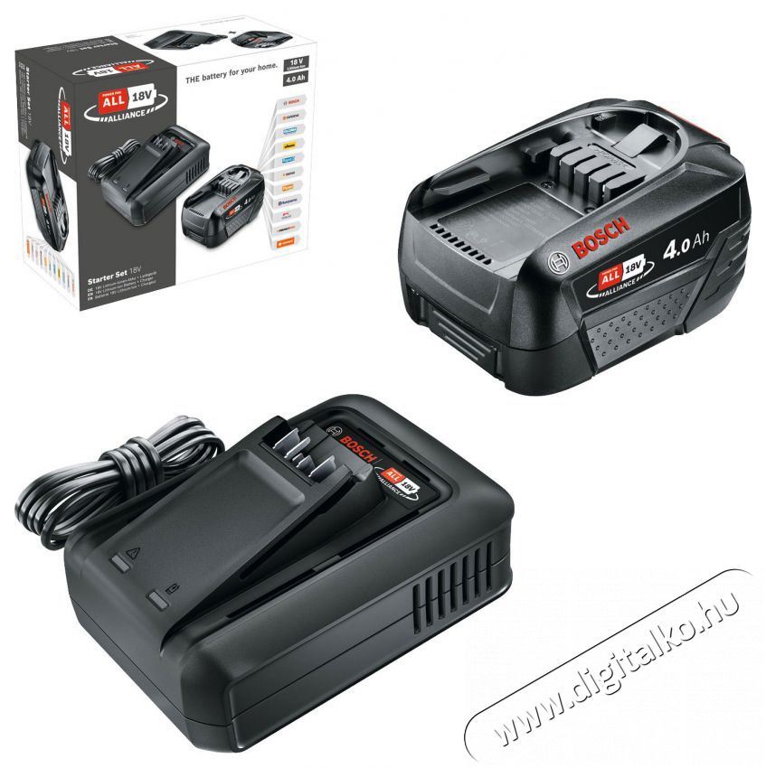 Bosch 1600A031T6 Akkumul&aacute;tor &eacute;s t&ouml;ltő szett, 4 Ah, 18 V + AL 18V-44 Akkuk &eacute;s t&ouml;ltők - Li-ion akkumul&aacute;tor &eacute;s t&ouml;ltő (gy&aacute;ri) - Szettben - 518526