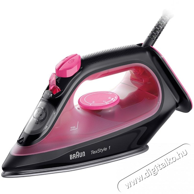 BRAUN TexStyle 1 SI1070PU Gőz&ouml;lős vasal&oacute;, 2000W, 25g/perc gőznyom&aacute;s, 130g/perc gőzl&ouml;ket, 220ml tart&aacute;ly, Ker&aacute;mia talp, Csepeg&eacute;sg&aacute;tl&oacute; rendszer, Fekete/Lila H&aacute;ztart&aacute;s / Otthon / K&uuml;lt&eacute;r - Vasal&oacute; - Gőz&aacute;llom&aacute;s - 533108