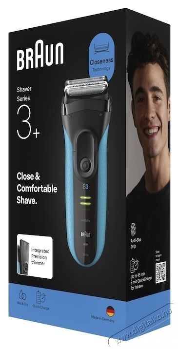 BRAUN Series 3+ 3040S elektromos borotva, 3 rugalmas penge, hat&eacute;konys&aacute;got biztos&iacute;t&oacute; mikrof&eacute;sű, hat&eacute;kony v&aacute;g&oacute;fej, nedves/sz&aacute;raz haszn&aacute;lat, k&eacute;k Sz&eacute;ps&eacute;g&aacute;pol&aacute;s / Eg&eacute;szs&eacute;g - Szőrtelen&iacute;tő / borotva - F&eacute;rfi borotva - 536275