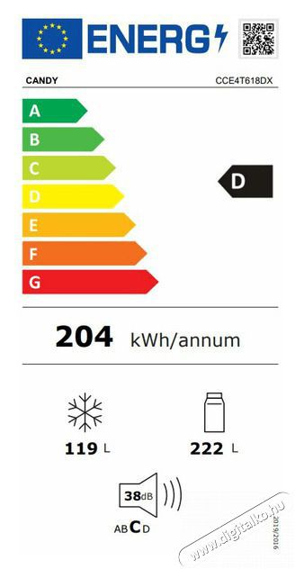 Candy CCE4T618DX hűtőszekr&eacute;ny Konyhai term&eacute;kek - Hűtő, fagyaszt&oacute; (szabadon&aacute;ll&oacute;) - Alulfagyaszt&oacute;s kombin&aacute;lt hűtő - 400855