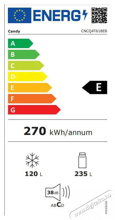 Candy ECN2CQTEB186 hűtőszekr&eacute;ny, alulfagyaszt&oacute;s (235 liter) Konyhai term&eacute;kek - Hűtő, fagyaszt&oacute; (szabadon&aacute;ll&oacute;) - Alulfagyaszt&oacute;s kombin&aacute;lt hűtő - 505328