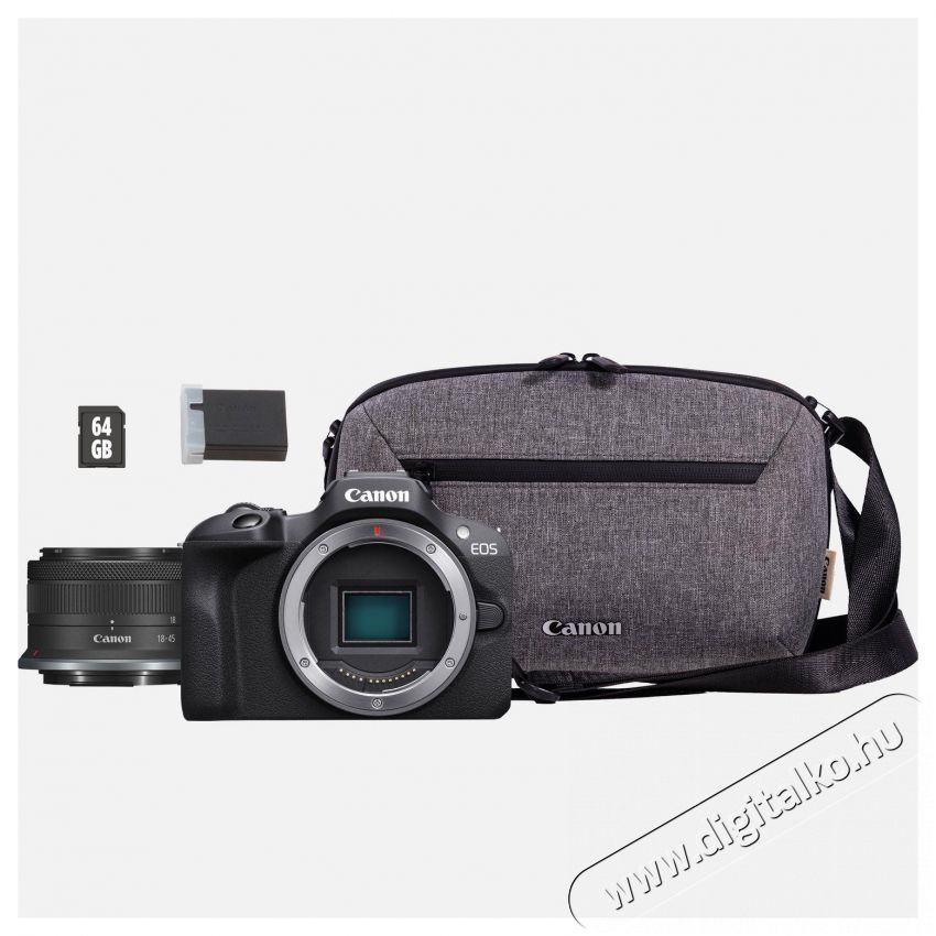 CANON EOS R100 MILC f&eacute;nyk&eacute;pezőg&eacute;p+RF-S 18-45mm IS STM objekt&iacute;v+SB130 t&aacute;ska+64 GB SD k&aacute;rtya (6052C072AA) F&eacute;nyk&eacute;pezőg&eacute;p / kamera - MILC cser&eacute;lhető objekt&iacute;ves kompakt f&eacute;nyk&eacute;pezőg&eacute;p - 500790