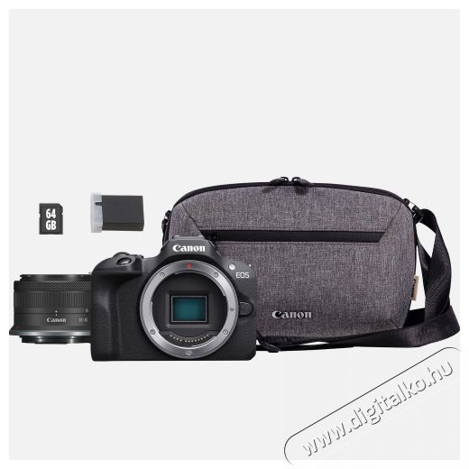 CANON EOS R100 MILC f&eacute;nyk&eacute;pezőg&eacute;p+RF-S 18-45mm IS STM objekt&iacute;v+SB130 t&aacute;ska+64 GB SD k&aacute;rtya (6052C072AA) F&eacute;nyk&eacute;pezőg&eacute;p / kamera - MILC cser&eacute;lhető objekt&iacute;ves kompakt f&eacute;nyk&eacute;pezőg&eacute;p - 500790