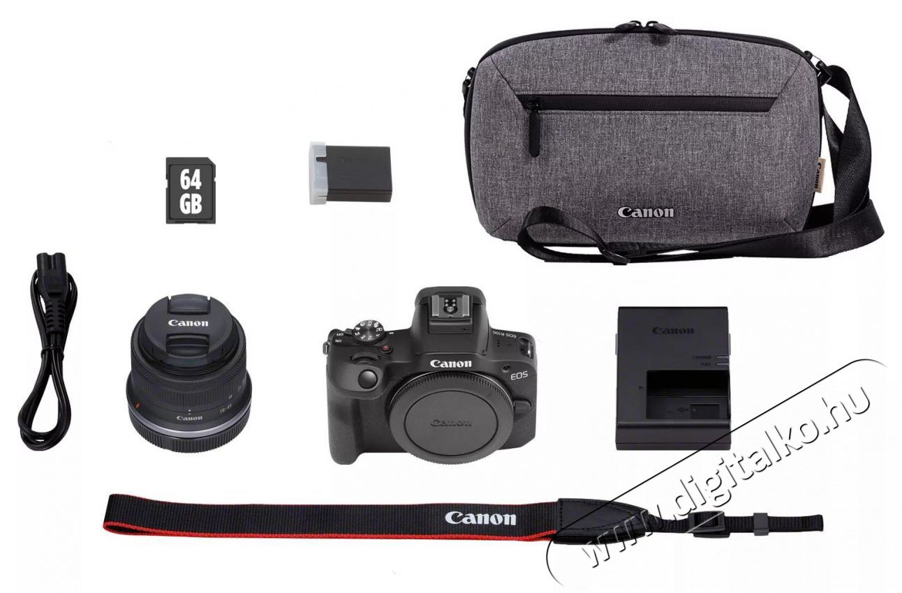 CANON EOS R100 MILC f&eacute;nyk&eacute;pezőg&eacute;p+RF-S 18-45mm IS STM objekt&iacute;v+SB130 t&aacute;ska+64 GB SD k&aacute;rtya (6052C072AA) F&eacute;nyk&eacute;pezőg&eacute;p / kamera - MILC cser&eacute;lhető objekt&iacute;ves kompakt f&eacute;nyk&eacute;pezőg&eacute;p - 500790