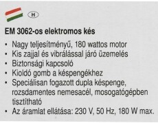 Clatronic EM 3062 elektromos k&eacute;s Konyhai term&eacute;kek - Konyhai kisg&eacute;p (elők&eacute;sz&iacute;t&eacute;s / feldolgoz&aacute;s) - Elektromos k&eacute;s - 322177