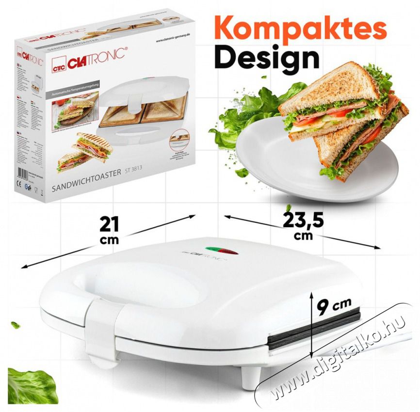Clatronic ST 3813 feh&eacute;r szendvicss&uuml;tő Konyhai term&eacute;kek - Konyhai kisg&eacute;p (s&uuml;t&eacute;s / főz&eacute;s / hűt&eacute;s / &eacute;telk&eacute;sz&iacute;t&eacute;s) - Melegszendvics / gofri s&uuml;tő - 510346