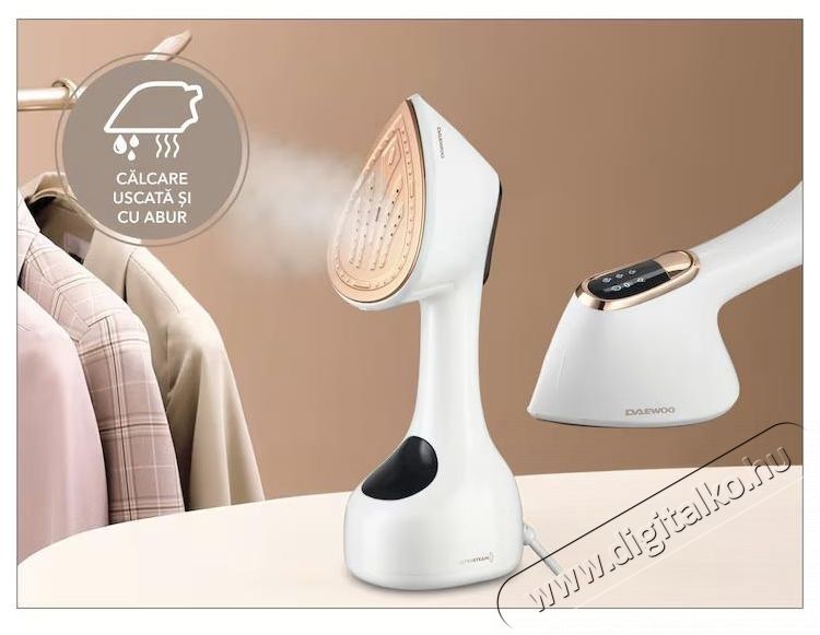 Daewoo DGS2000WG f&uuml;ggőleges gőz&ouml;lős &eacute;s sz&aacute;raz vasal&oacute;, 2000 W, LED kezelőpanel, 300 ml-es v&iacute;ztart&aacute;ly, 25 g/perc gőzkibocs&aacute;t&aacute;s, feh&eacute;r H&aacute;ztart&aacute;s / Otthon / K&uuml;lt&eacute;r - Vasal&oacute; - Vasal&oacute; - 533214