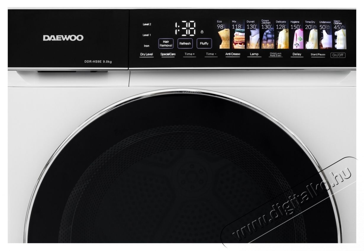 Daewoo sz&aacute;r&iacute;t&oacute;g&eacute;p, 9 kg, Hőszivatty&uacute;, &Eacute;rintővez&eacute;rl&eacute;s, Fekete panel sz&iacute;nes ikonokkal, Fekete dupla ajt&oacute; kr&oacute;mgyűrűvel, E energiaoszt&aacute;ly, Feh&eacute;r H&aacute;ztart&aacute;s / Otthon / K&uuml;lt&eacute;r - Mos&oacute;g&eacute;p / sz&aacute;r&iacute;t&oacute;g&eacute;p - Sz&aacute;r&iacute;t&oacute;g&eacute;p - 536359