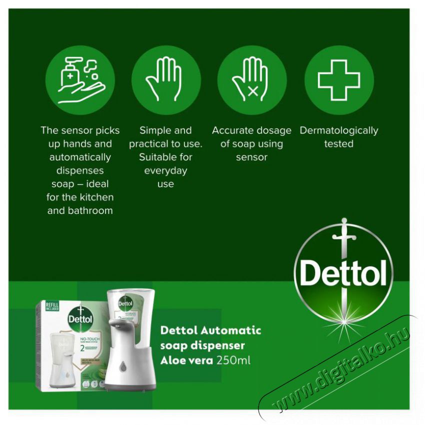 Dettol &Eacute;rint&eacute;s n&eacute;lk&uuml;li szappanadagol&oacute; Aloe Vera 250 ml H&aacute;ztart&aacute;s / Otthon / K&uuml;lt&eacute;r - F&uuml;rdőszoba / wc - Szappan adagol&oacute; - 523434