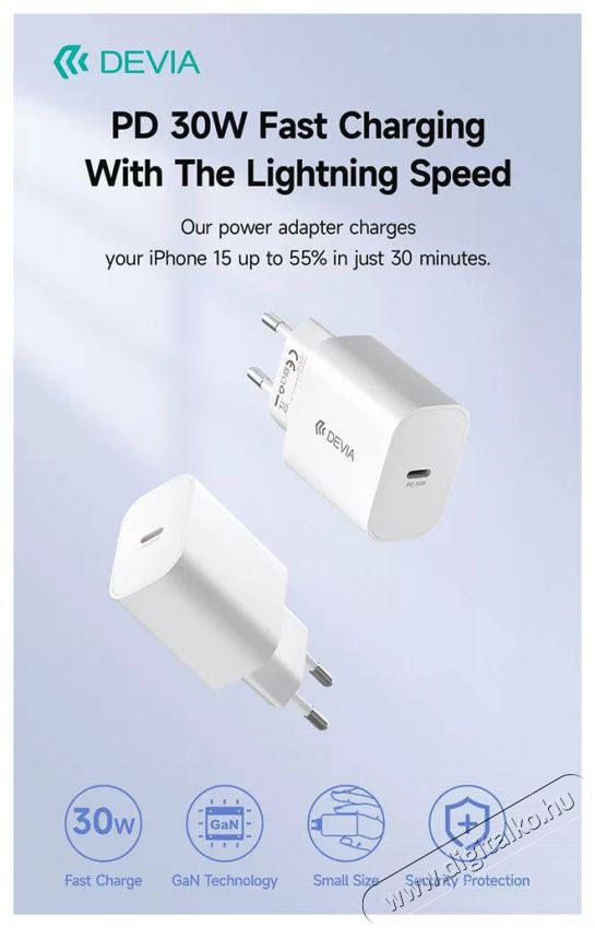 Devia ST399794 Smart GaN 30W Type-C H&aacute;l&oacute;zati t&ouml;ltő adapter Akkuk &eacute;s t&ouml;ltők - Li-ion akkumul&aacute;tor &eacute;s t&ouml;ltő (gy&aacute;ri) - T&ouml;ltő / h&aacute;l&oacute;zati adapter - 514799