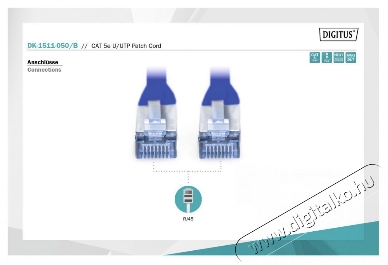 DIGITUS CAT5e U/UTP PVC 5m k&eacute;k patch k&aacute;bel Iroda &eacute;s sz&aacute;m&iacute;t&aacute;stechnika - H&aacute;l&oacute;zat - H&aacute;l&oacute;zati kieg&eacute;sz&iacute;tő - 393530