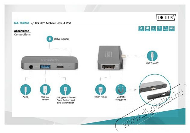 DIGITUS DA-70893 USB-C 4 portos univerz&aacute;lis mobil dokkol&oacute; Iroda &eacute;s sz&aacute;m&iacute;t&aacute;stechnika - Egy&eacute;b sz&aacute;m&iacute;t&aacute;stechnikai term&eacute;k - 456893
