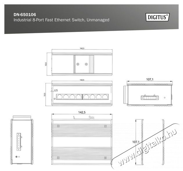 DIGITUS DN-650106 8port 10/100 falra szerelhető ipari switch Iroda &eacute;s sz&aacute;m&iacute;t&aacute;stechnika - H&aacute;l&oacute;zat - Switch - 500294