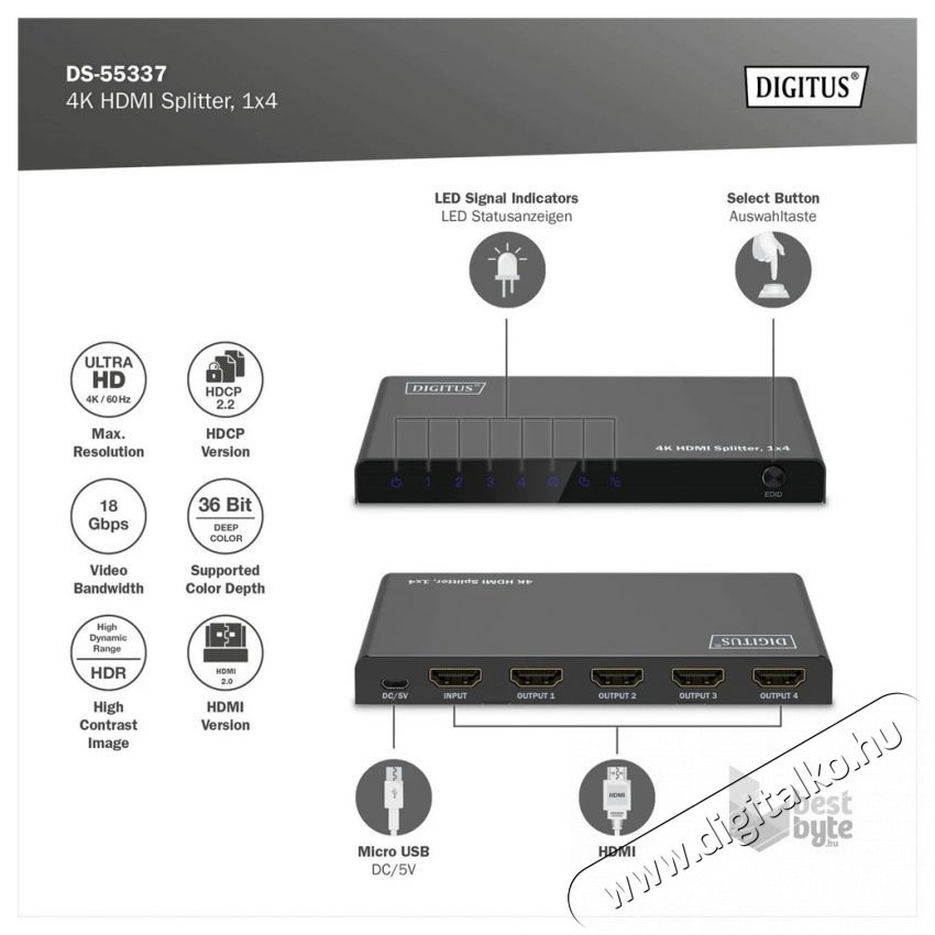 DIGITUS DS-55337 4 portos 4K/60Hz HDMI splitter Iroda &eacute;s sz&aacute;m&iacute;t&aacute;stechnika - Egy&eacute;b sz&aacute;m&iacute;t&aacute;stechnikai term&eacute;k - 507437