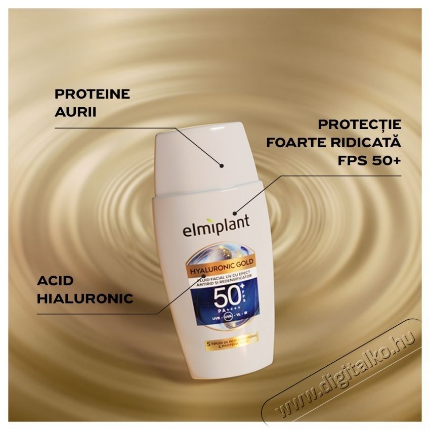 Elmiplant HYALURONIC GOLD UV r&aacute;nctalan&iacute;t&oacute; &eacute;s sűr&iacute;tő hat&aacute;s&uacute; arc&aacute;pol&oacute; folyad&eacute;k, SPF 50+, 50 ml Sz&eacute;ps&eacute;g&aacute;pol&aacute;s / Eg&eacute;szs&eacute;g - Arc / bőr &aacute;pol&aacute;s - Kieg&eacute;sz&iacute;tő - 536471