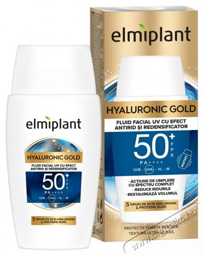 Elmiplant HYALURONIC GOLD UV r&aacute;nctalan&iacute;t&oacute; &eacute;s sűr&iacute;tő hat&aacute;s&uacute; arc&aacute;pol&oacute; folyad&eacute;k, SPF 50+, 50 ml Sz&eacute;ps&eacute;g&aacute;pol&aacute;s / Eg&eacute;szs&eacute;g - Arc / bőr &aacute;pol&aacute;s - Kieg&eacute;sz&iacute;tő - 536471