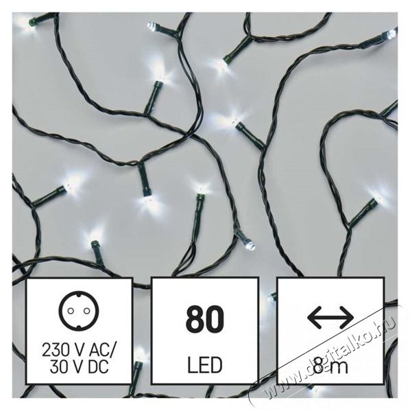 Emos D4AC02 8m/80LED/k&uuml;l-belt&eacute;ri/időz&iacute;tős/hideg feh&eacute;r kar&aacute;csonyi LED f&eacute;nyf&uuml;z&eacute;r H&aacute;ztart&aacute;s / Otthon / K&uuml;lt&eacute;r - Vil&aacute;g&iacute;t&aacute;s / elektromoss&aacute;g - Led szalag / f&eacute;nyf&uuml;z&eacute;r - 462011