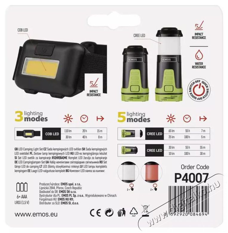 Emos P4007 COB LED fejl&aacute;mpa k&eacute;szlet + mini kempingl&aacute;mpa H&aacute;ztart&aacute;s / Otthon / K&uuml;lt&eacute;r - Vil&aacute;g&iacute;t&aacute;s / elektromoss&aacute;g - Fejl&aacute;mpa - 458329