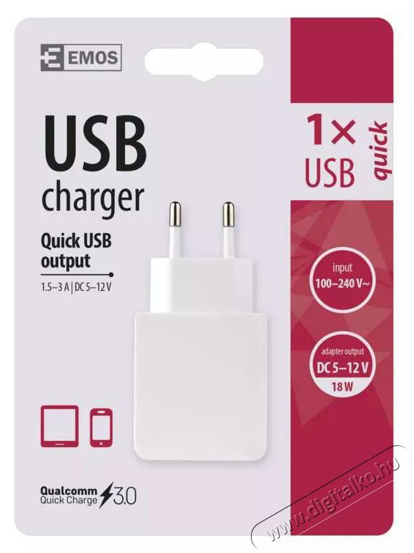 Emos quick 3A univerz&aacute;lis USB t&ouml;ltő Akkuk &eacute;s t&ouml;ltők - Li-ion akkumul&aacute;tor &eacute;s t&ouml;ltő (gy&aacute;ri) - T&ouml;ltő / h&aacute;l&oacute;zati adapter - 456257