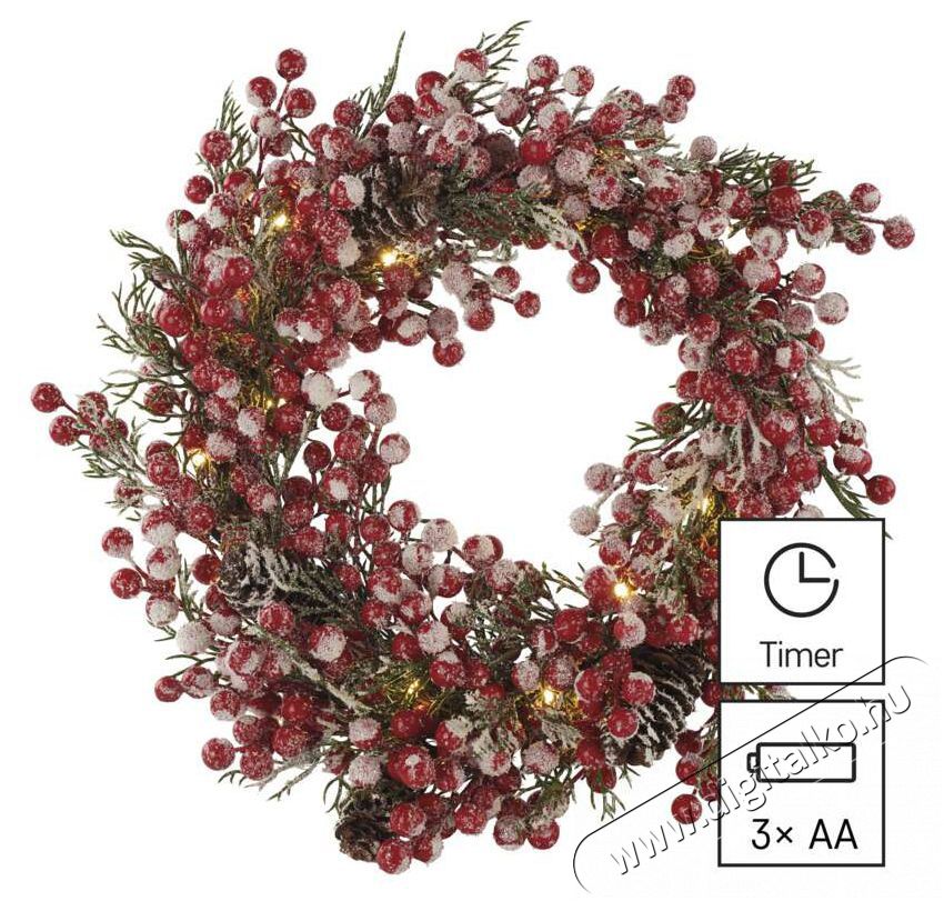 Emos DCTW18 38cm-es 3xAA belt&eacute;ri, meleg feh&eacute;r, időz&iacute;tős LED d&iacute;szes kar&aacute;csonyi koszor&uacute; H&aacute;ztart&aacute;s / Otthon / K&uuml;lt&eacute;r - Vil&aacute;g&iacute;t&aacute;s / elektromoss&aacute;g - Hangulat teremtő vil&aacute;g&iacute;t&aacute;s - 456670