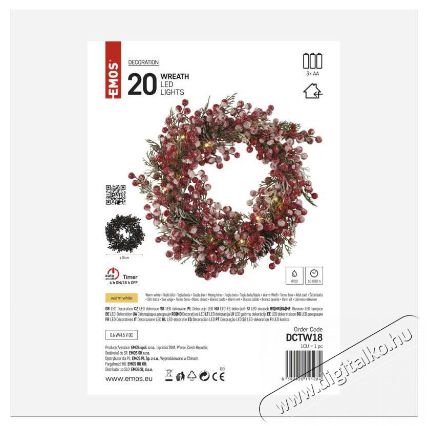 Emos DCTW18 38cm-es 3xAA belt&eacute;ri, meleg feh&eacute;r, időz&iacute;tős LED d&iacute;szes kar&aacute;csonyi koszor&uacute; H&aacute;ztart&aacute;s / Otthon / K&uuml;lt&eacute;r - Vil&aacute;g&iacute;t&aacute;s / elektromoss&aacute;g - Hangulat teremtő vil&aacute;g&iacute;t&aacute;s - 456670