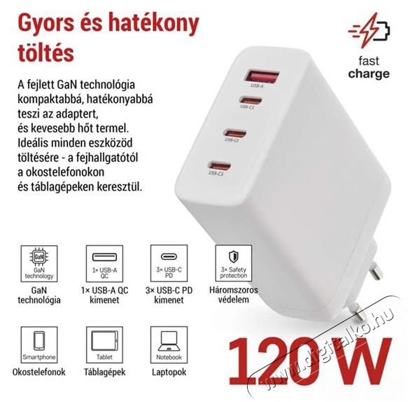 Emos GaN PD 120 W max. univerz&aacute;lis USB t&ouml;ltő Akkuk &eacute;s t&ouml;ltők - Li-ion akkumul&aacute;tor &eacute;s t&ouml;ltő (gy&aacute;ri) - T&ouml;ltő / h&aacute;l&oacute;zati adapter - 506850