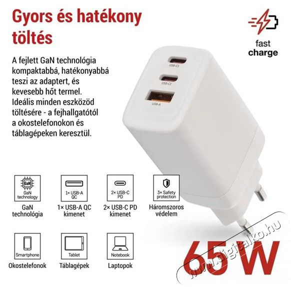 Emos GaN PD 65 W max. univerz&aacute;lis USB t&ouml;ltő Akkuk &eacute;s t&ouml;ltők - Li-ion akkumul&aacute;tor &eacute;s t&ouml;ltő (gy&aacute;ri) - T&ouml;ltő / h&aacute;l&oacute;zati adapter - 506849